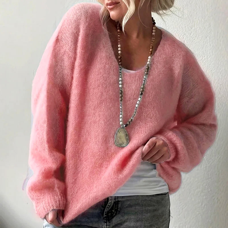 Carla - Women's Cozy Off-the-Shoulder V-Neck  Sweater