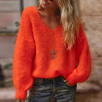 Carla - Women's Cozy Off-the-Shoulder V-Neck  Sweater
