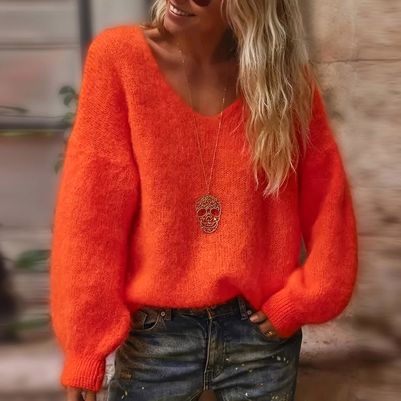 Carla - Women's Cozy Off-the-Shoulder V-Neck  Sweater
