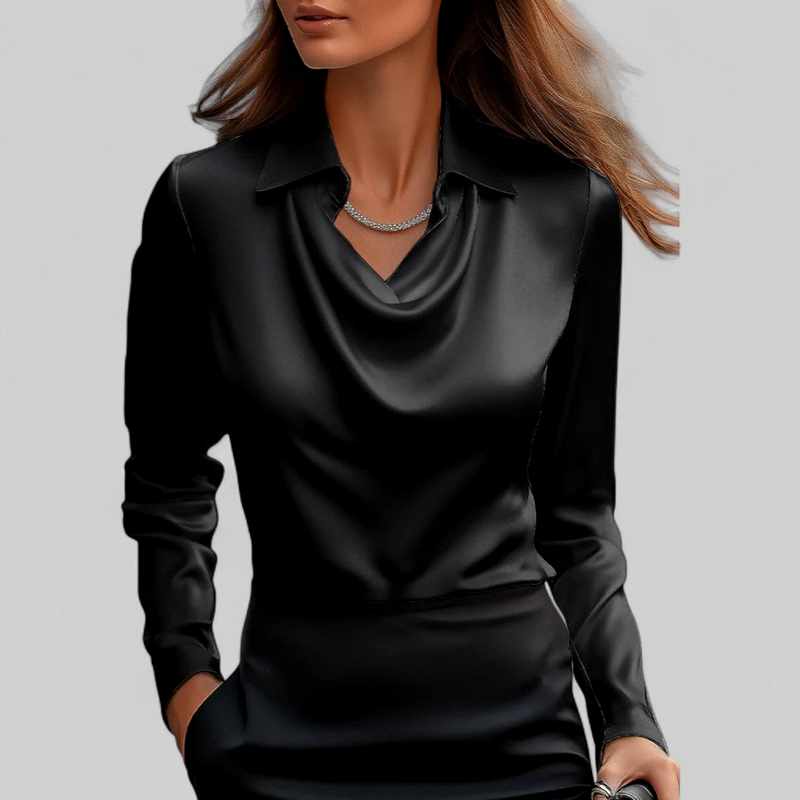 Ciara - Women's Satin Waterfall Neck Long Sleeve Blouse
