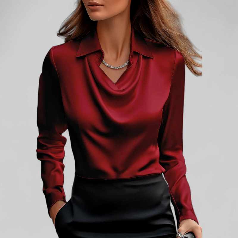 Ciara - Women's Satin Waterfall Neck Long Sleeve Blouse