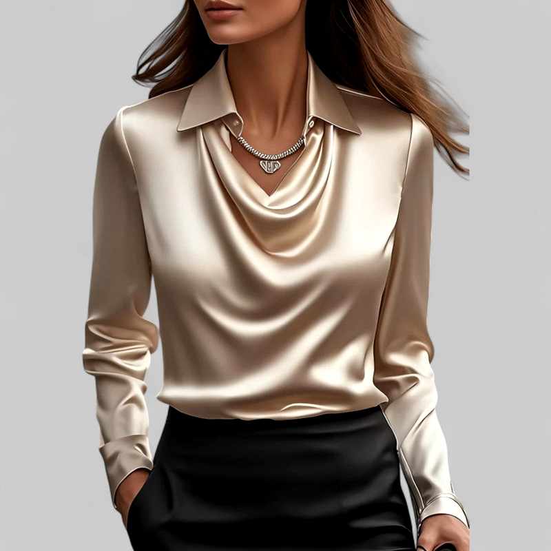 Ciara - Women's Satin Waterfall Neck Long Sleeve Blouse
