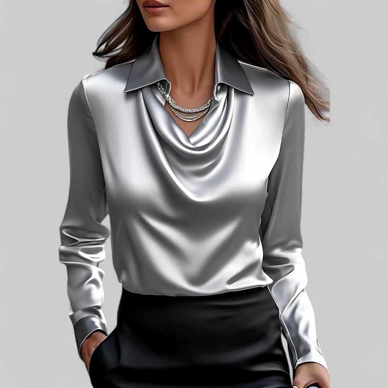 Ciara - Women's Satin Waterfall Neck Long Sleeve Blouse