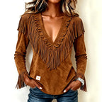 Cosima - Women’s Western Fringe Deep V-Neck Suede-Look Top 4