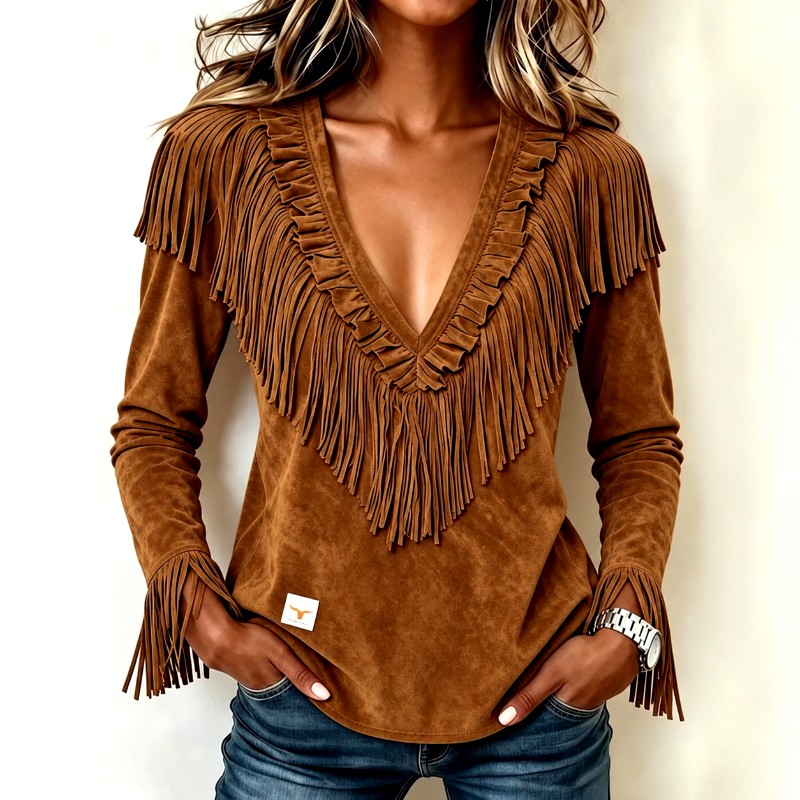 Cosima - Women’s Western Fringe Deep V-Neck Suede-Look Top 4