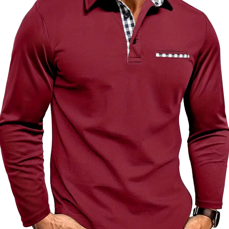 Crawford - Men's Checkered Detail Long Sleeve Polo Shirt