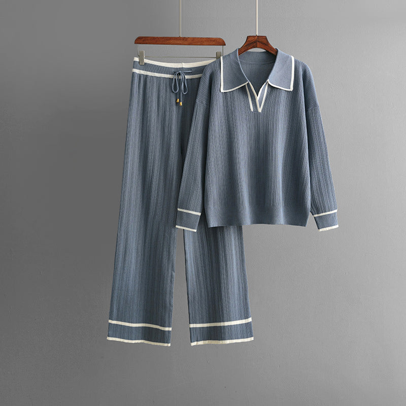 Dayana - Women's Collared Knit Sweater and Wide-Leg Pants Set