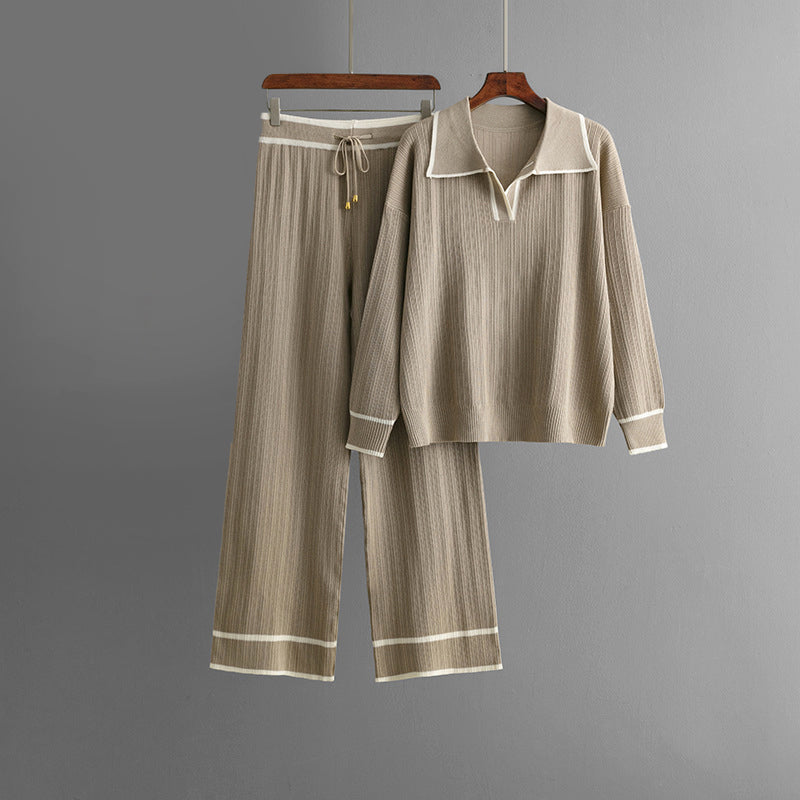 Dayana - Women's Collared Knit Sweater and Wide-Leg Pants Set