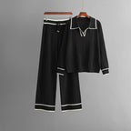 Dayana - Women's Collared Knit Sweater and Wide-Leg Pants Set