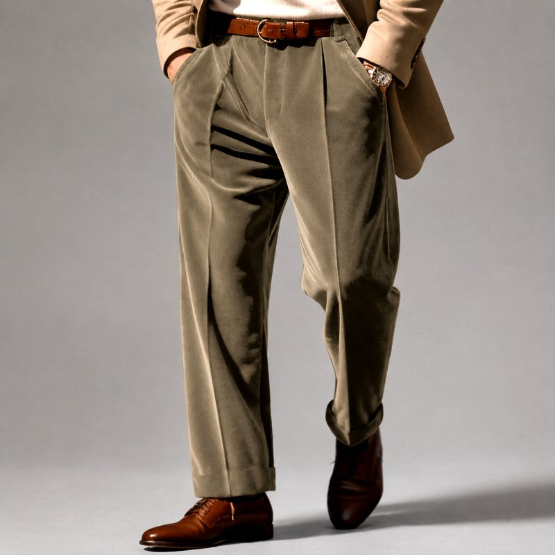Denzel - Men's Velvet Pleated Straight Leg Trousers 1