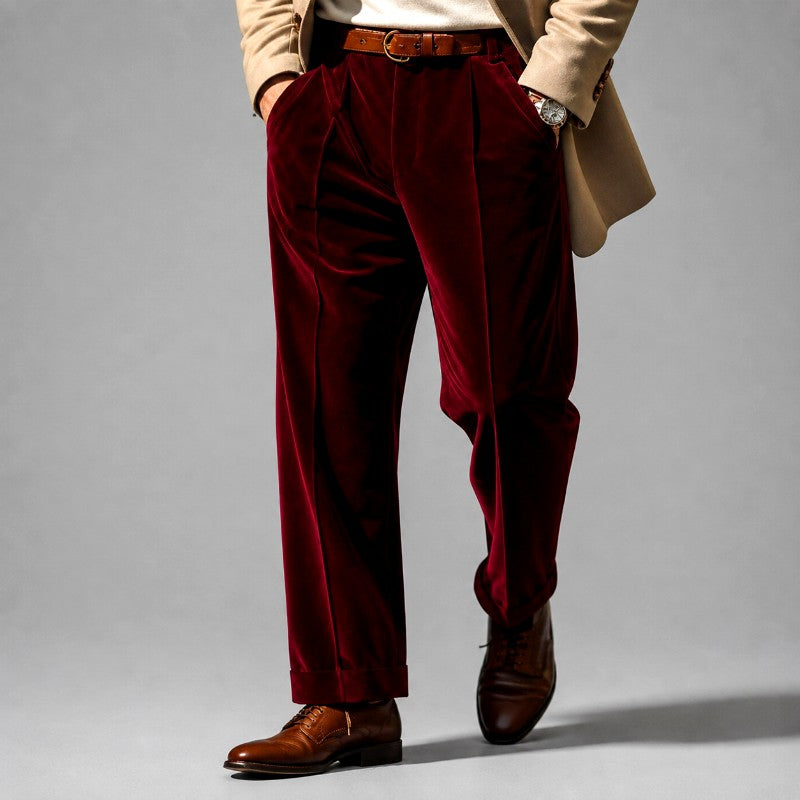Denzel - Men's Velvet Pleated Straight Leg Trousers 4