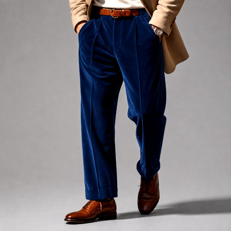 Denzel - Men's Velvet Pleated Straight Leg Trousers 5