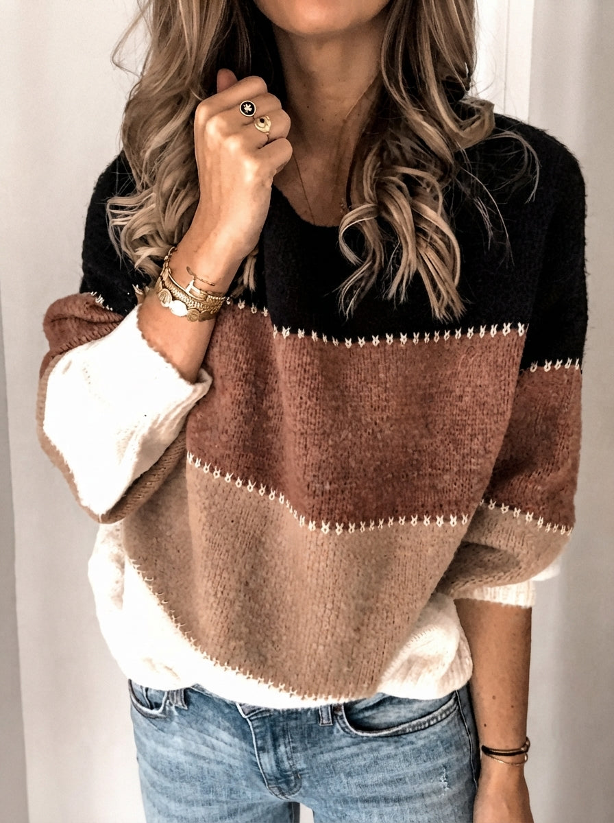 Devi - Women's Striped Colorblock Crew Neck Sweater 2