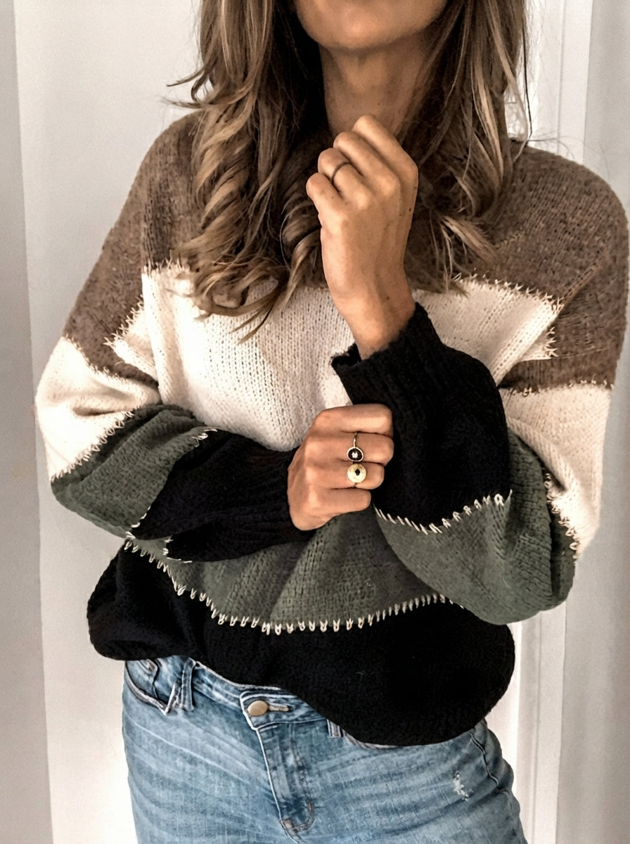 Devi - Women's Striped Colorblock Crew Neck Sweater 6