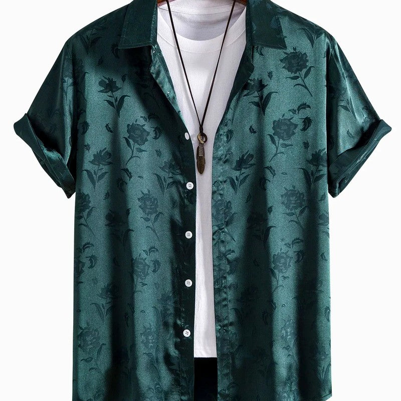 Devon - Men's Floral Jacquard Button-Front Short Sleeve Shirt