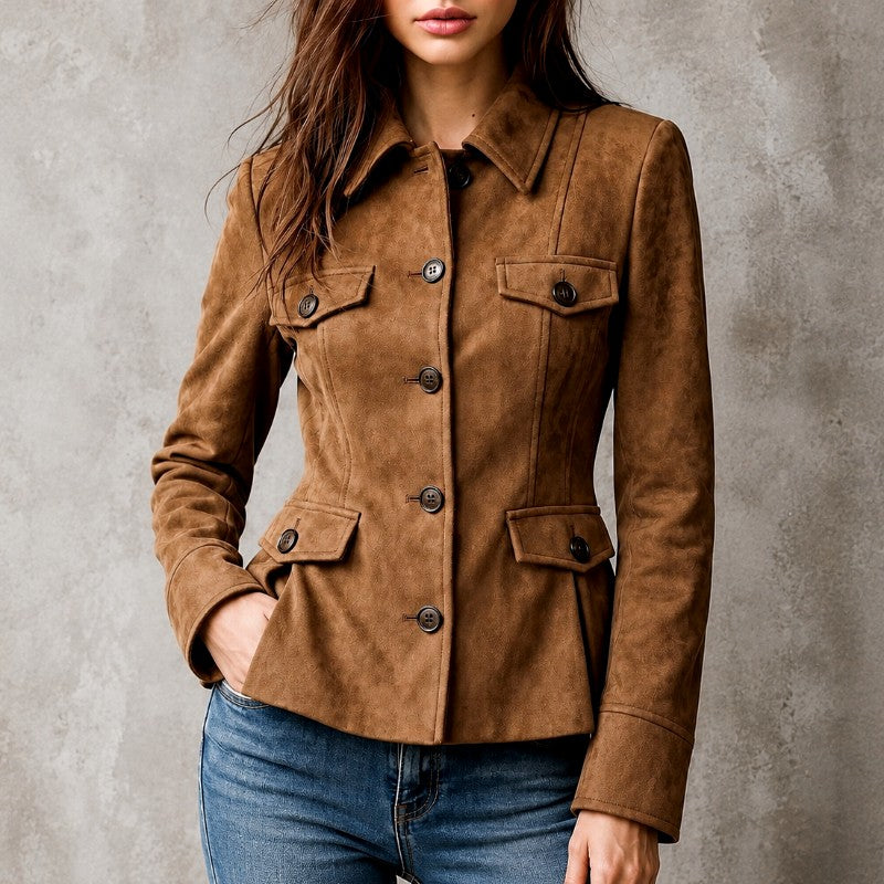 Elke - Women's Faux Suede Tailored Button Jacket 2