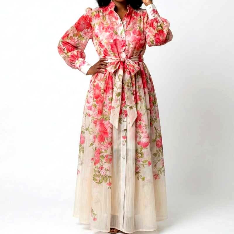 Elke - Women's Floral Bishop Sleeve Maxi Dress