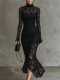 Elma - Women's Long-Sleeve Lace Fishtail Midi Dress