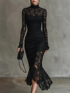 Elma - Women's Long-Sleeve Lace Fishtail Midi Dress