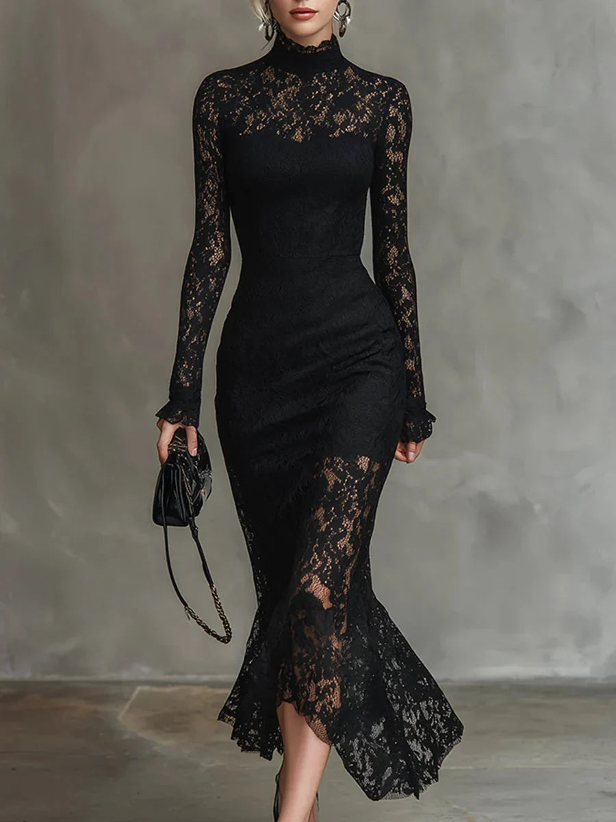 Elma - Women's Long-Sleeve Lace Fishtail Midi Dress