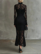Elma - Women's Long-Sleeve Lace Fishtail Midi Dress