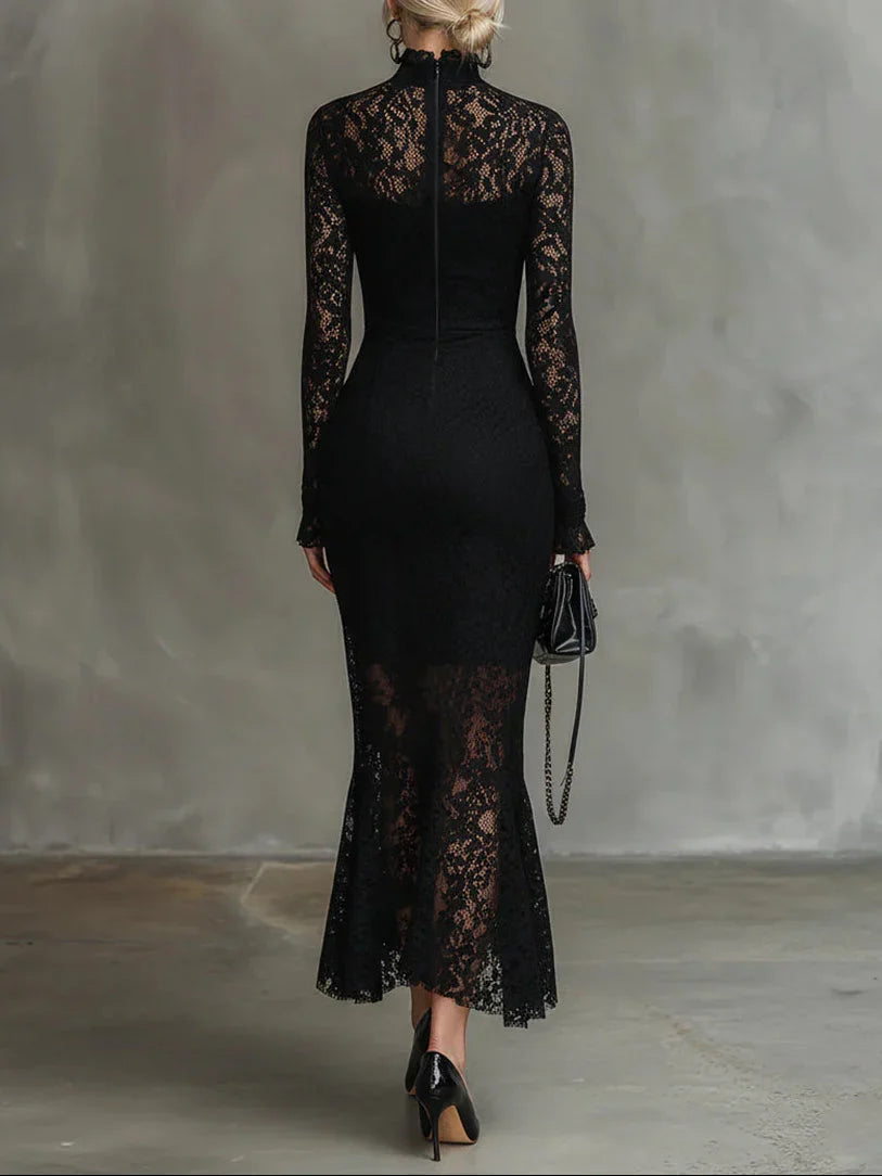 Elma - Women's Long-Sleeve Lace Fishtail Midi Dress