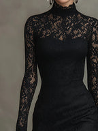 Elma - Women's Long-Sleeve Lace Fishtail Midi Dress