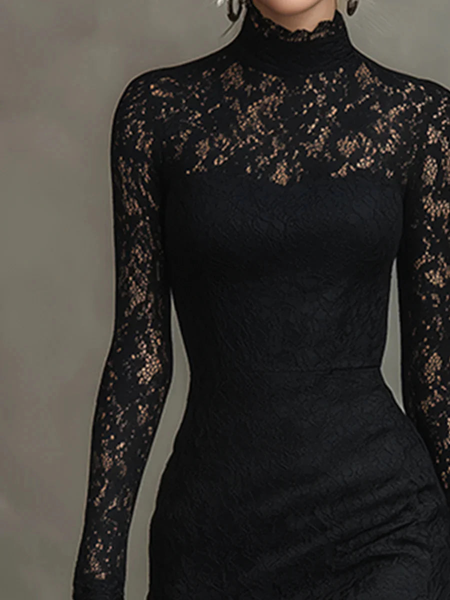 Elma - Women's Long-Sleeve Lace Fishtail Midi Dress