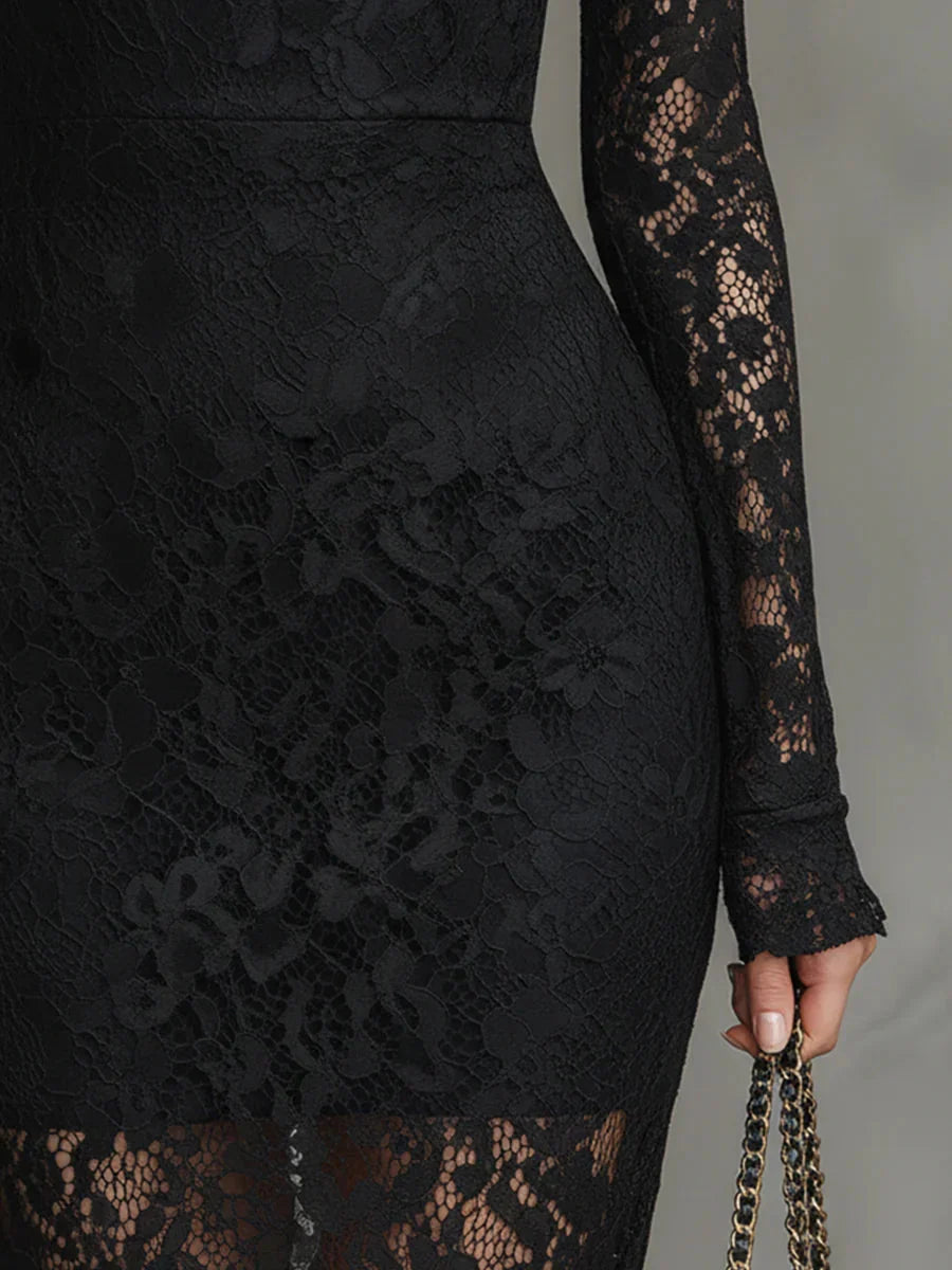 Elma - Women's Long-Sleeve Lace Fishtail Midi Dress