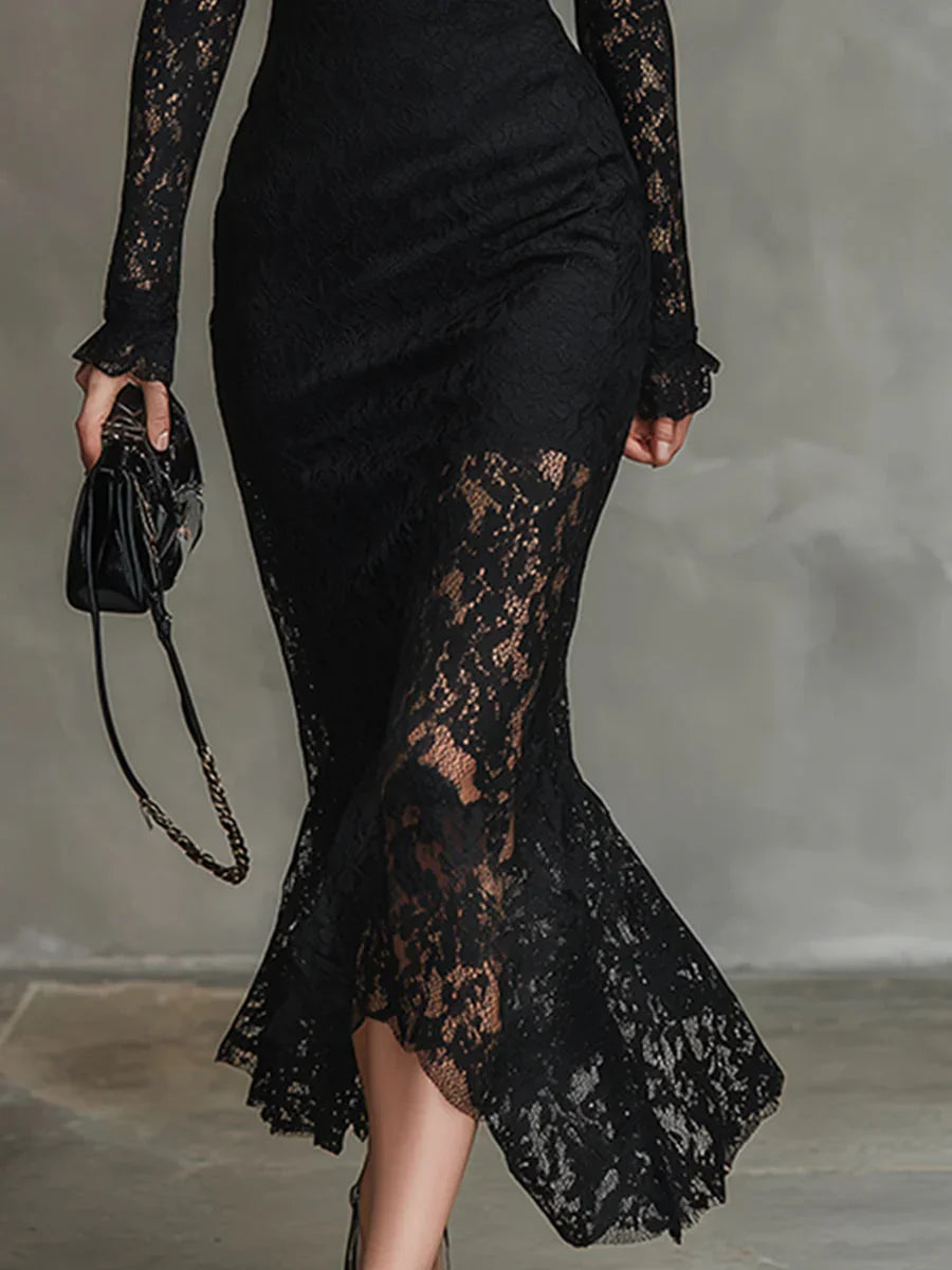 Elma - Women's Long-Sleeve Lace Fishtail Midi Dress