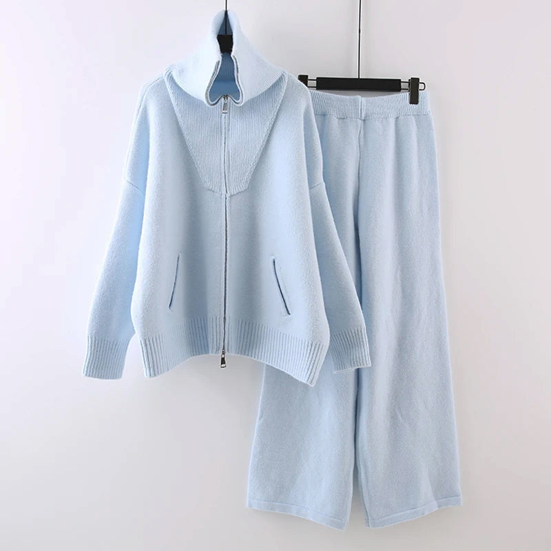 Emily - Women's Half-Zip Mock-Neck Sweater & Wide-Leg Knit Pant Set