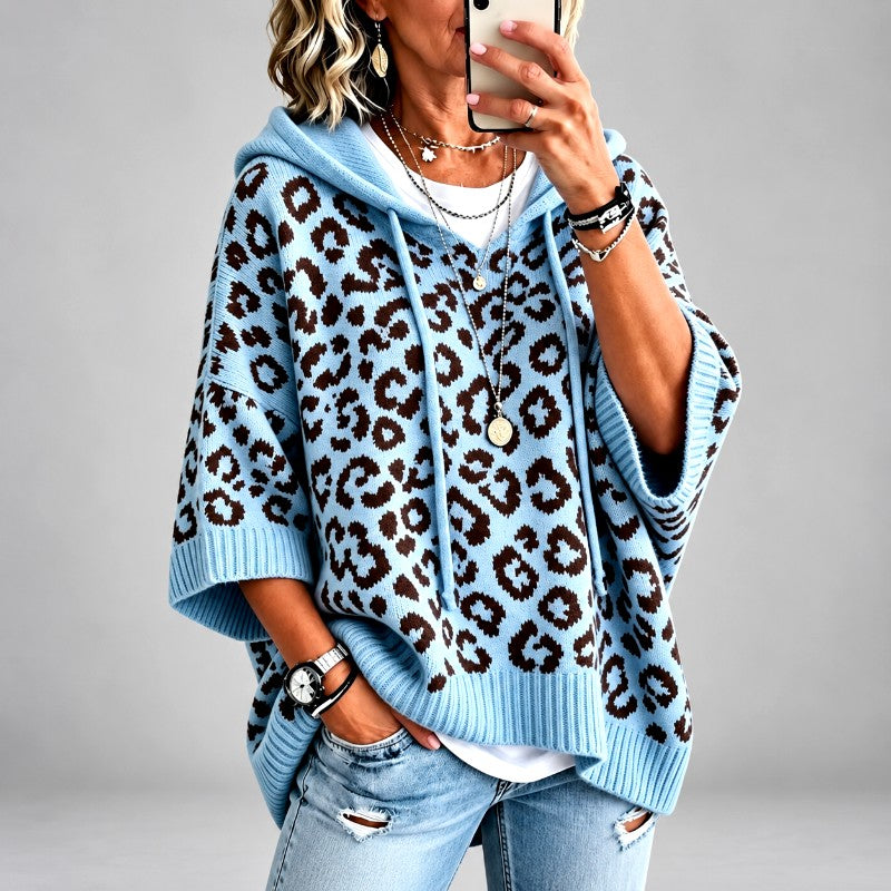 Enid - Women's Leopard Print Dolman Sleeve Hooded Knit Sweater 2