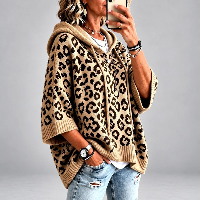 Enid - Women's Leopard Print Dolman Sleeve Hooded Knit Sweater 6