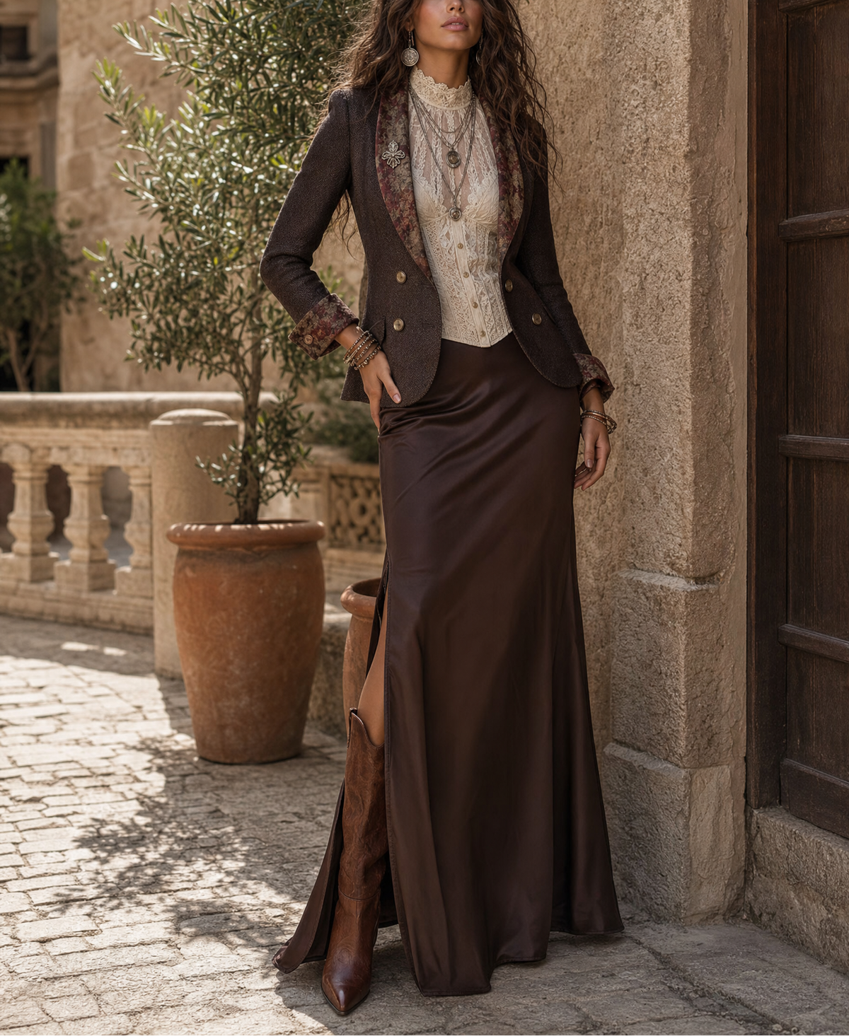 Estelle - Women's Herringbone Blazer with Floral Lapel Print