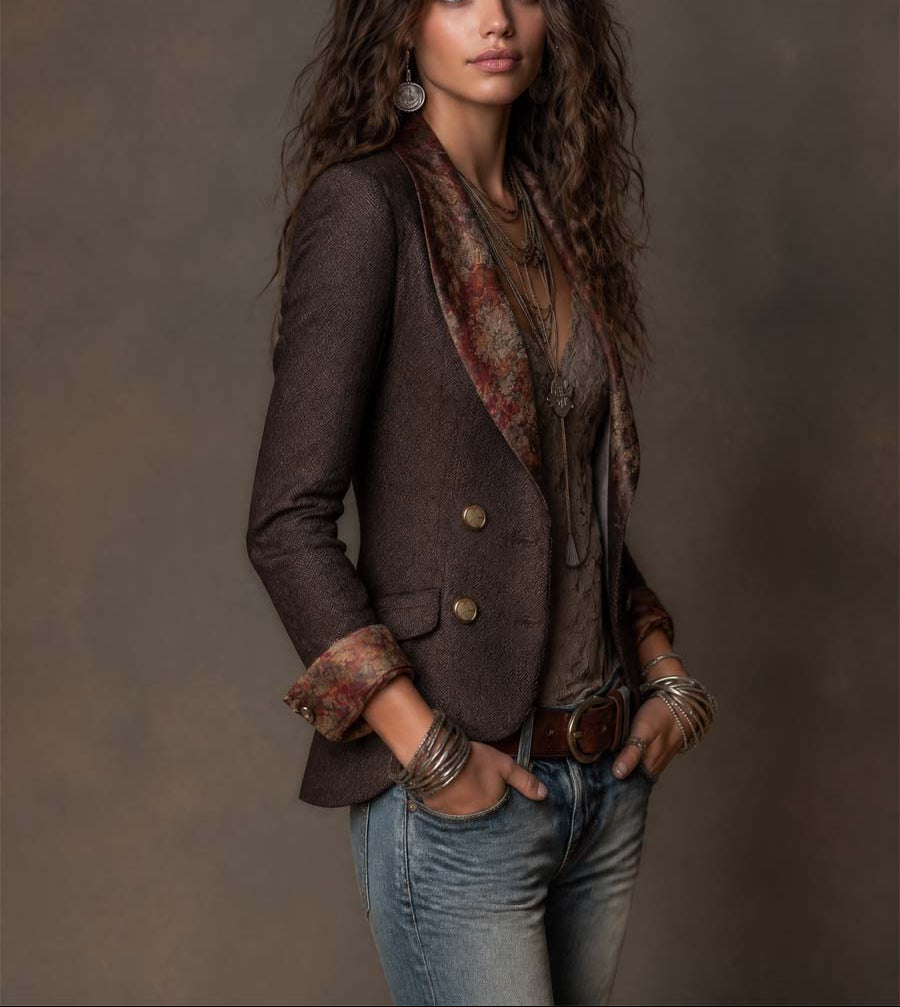 Estelle - Women's Herringbone Blazer with Floral Lapel Print