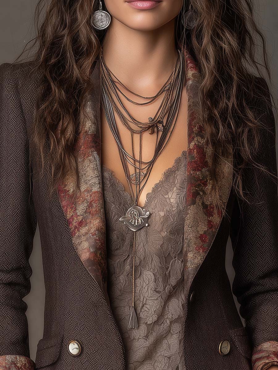 Estelle - Women's Herringbone Blazer with Floral Lapel Print