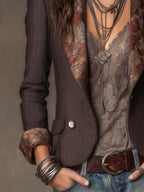 Estelle - Women's Herringbone Blazer with Floral Lapel Print