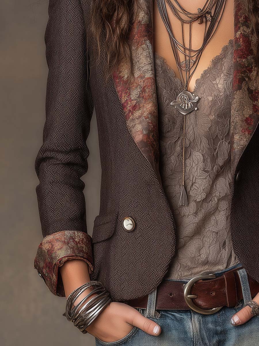 Estelle - Women's Herringbone Blazer with Floral Lapel Print