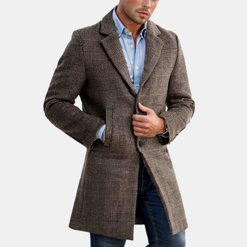 Ethan - Men's Plaid Longline Notch Lapel Overcoat 2