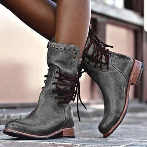 Evangeline - Women's Lace-Up Leather Mid-Calf Boot