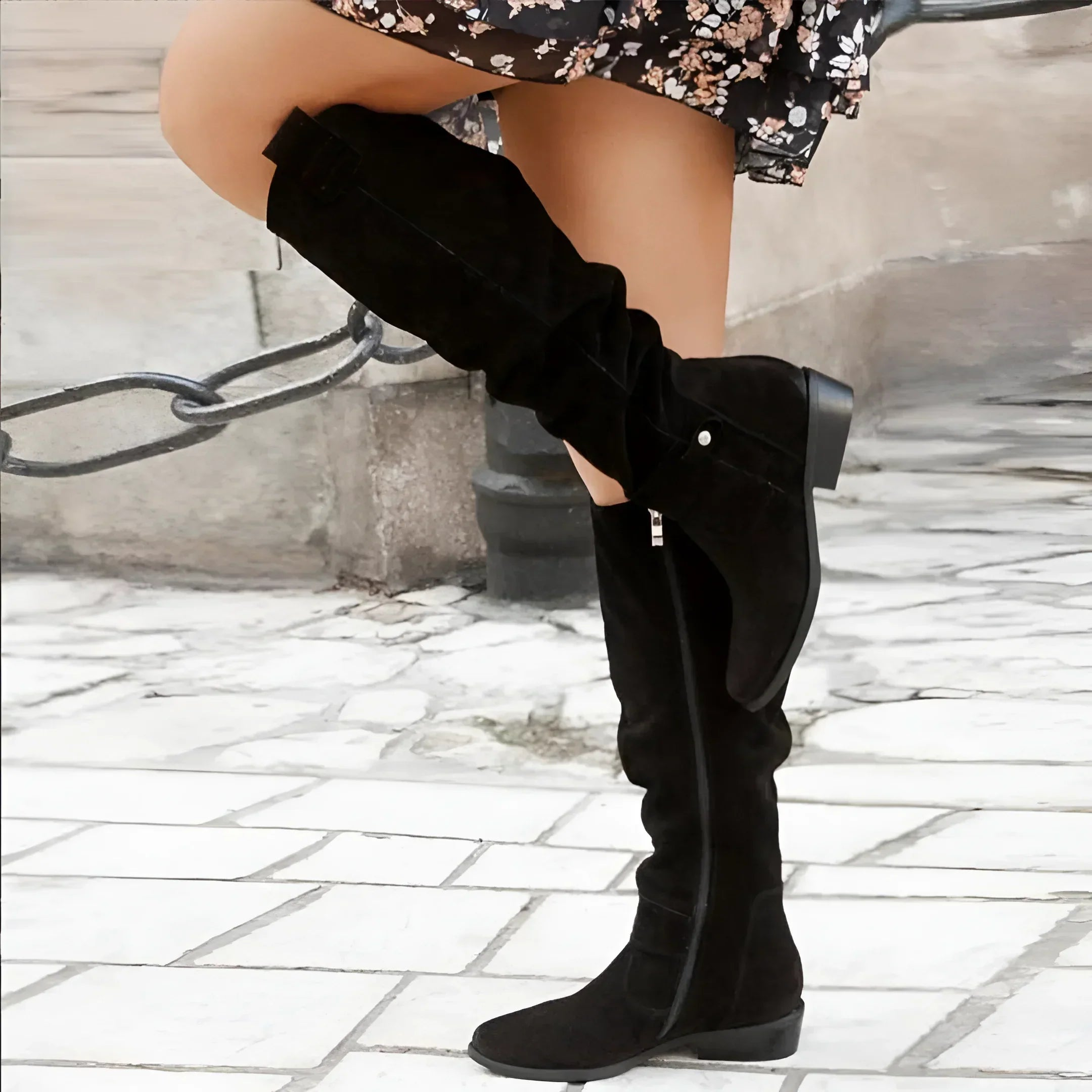 Genevieve - Women's Knee-High Suede Block Heel Boots
