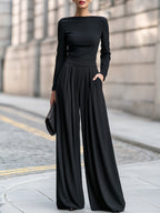 Gwendolyn - Women's Boat-Neck Wide-Leg Tailored Jumpsuit with Pleated Trousers