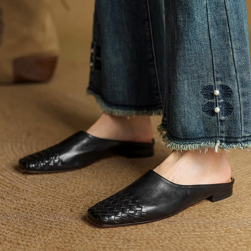 Hadewych - Women's Leather Woven Square Toe Mules