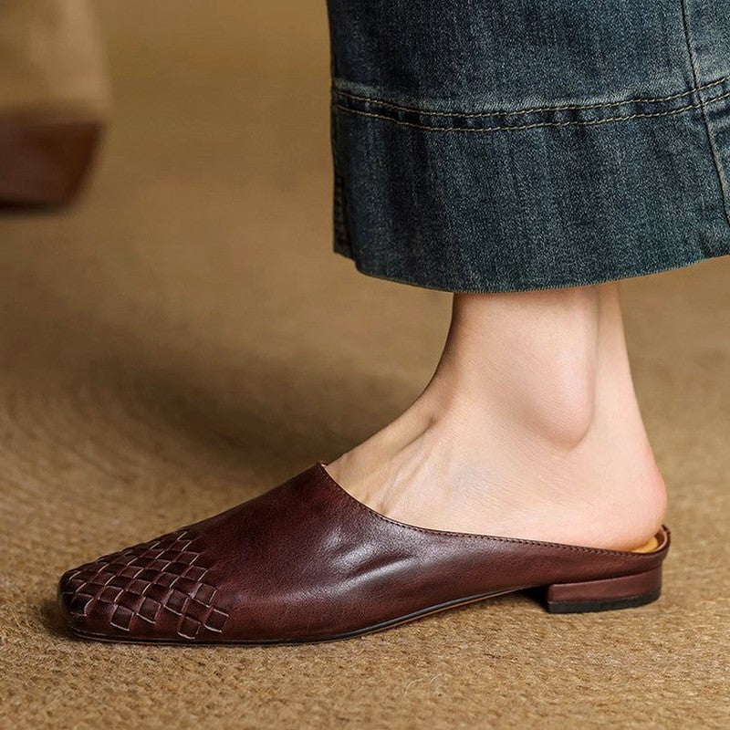 Hadewych - Women's Leather Woven Square Toe Mules