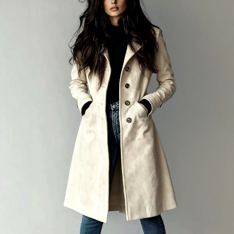 Hazel - Women's Faux Suede Notched Lapel Long Coat 2