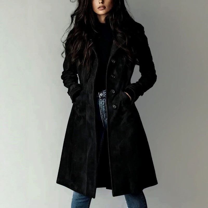 Hazel - Women's Faux Suede Notched Lapel Long Coat 3