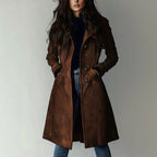 Hazel - Women's Faux Suede Notched Lapel Long Coat 4
