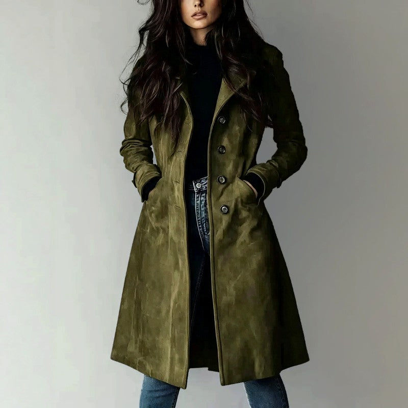 Hazel - Women's Faux Suede Notched Lapel Long Coat 5