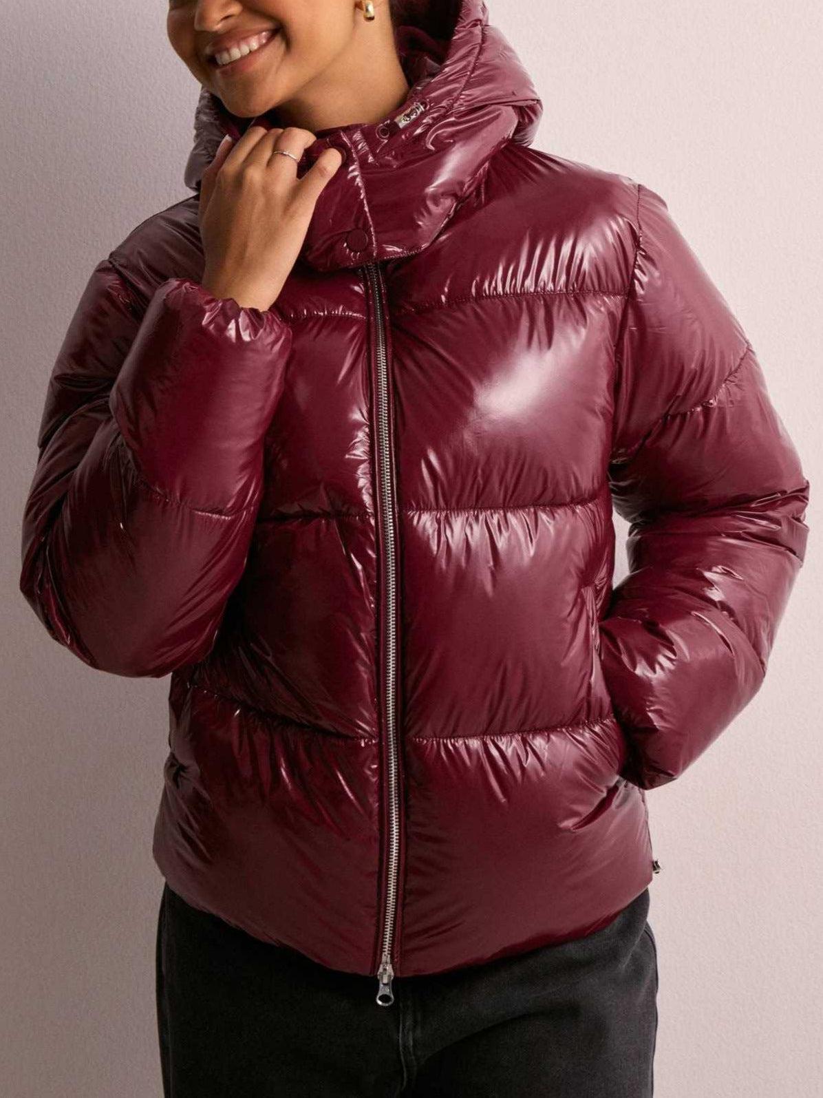 Heather - Women's Glossy Hooded Zip-Up Puffer Jacket 1