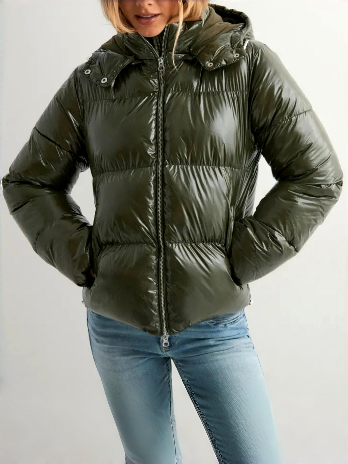 Heather - Women's Glossy Hooded Zip-Up Puffer Jacket 3